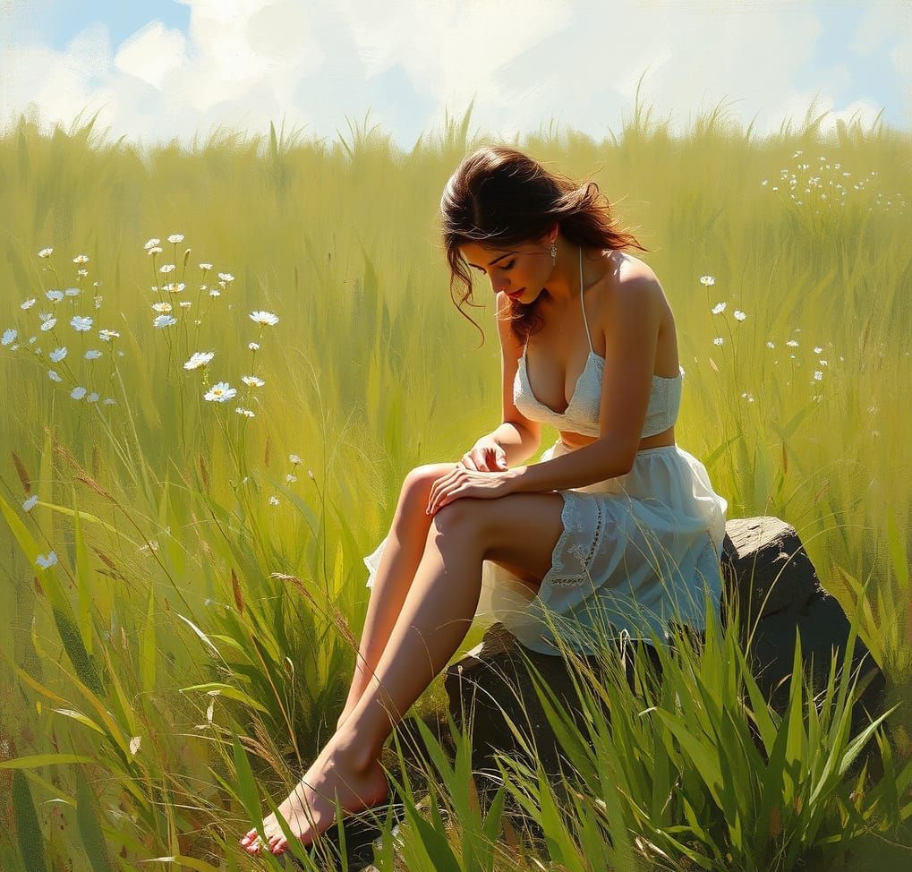 Ethereal Barefoot Figure in Grassy Field