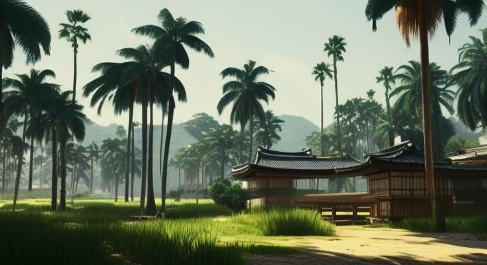Old japanese countryside surrounded by palm trees, blue sky, dreamy, highly detailed, cinematic, cell shaded, taken in u...