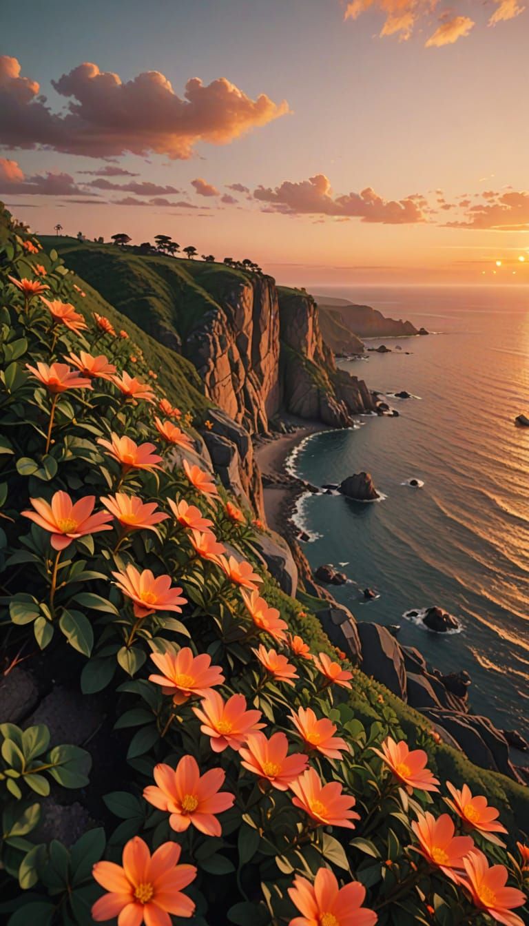 Idyllic Sunset over Oceanic Wonders in Vibrant Brushstrokes