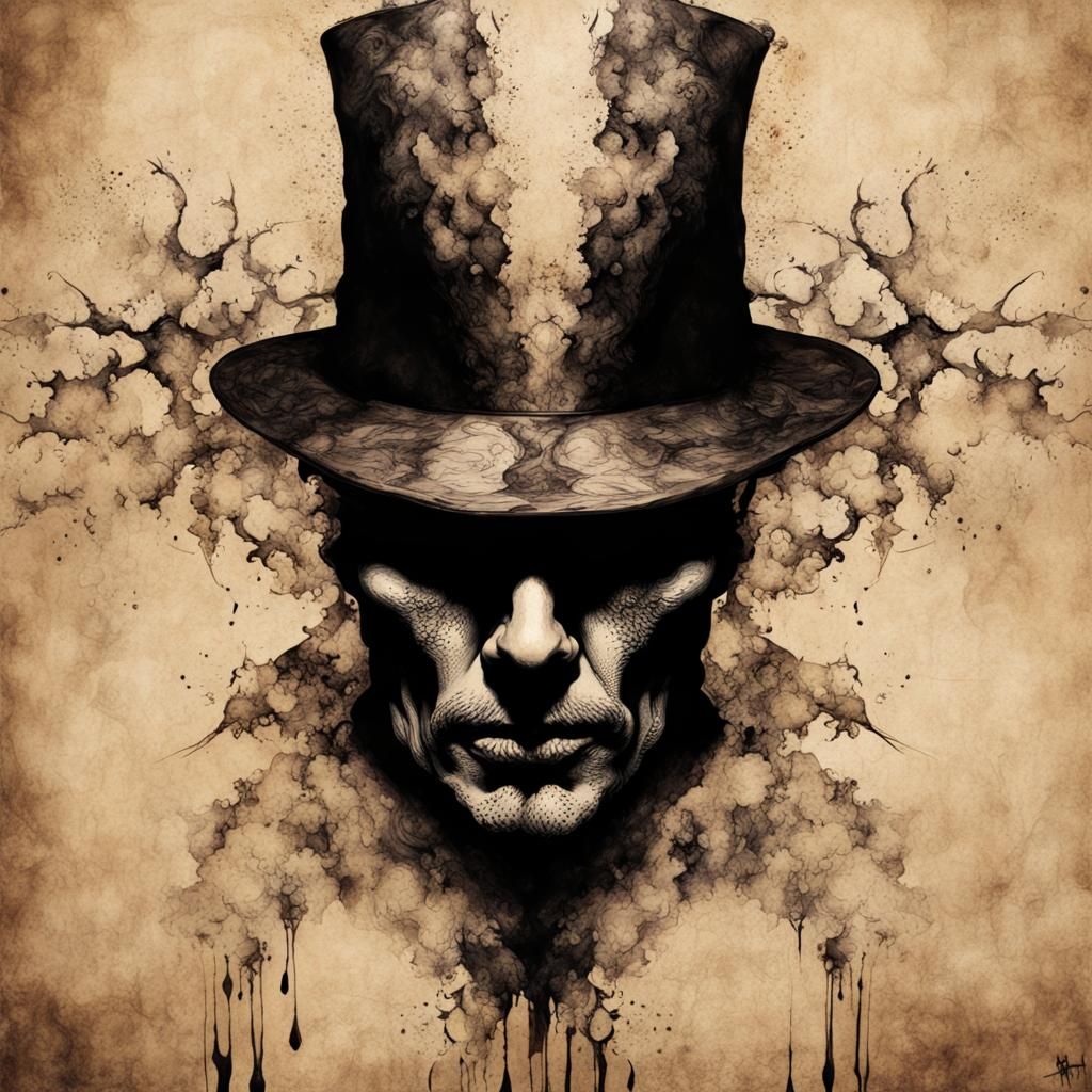 Creepy Necromancer Portrait in Liquid Ink Rorschach Style