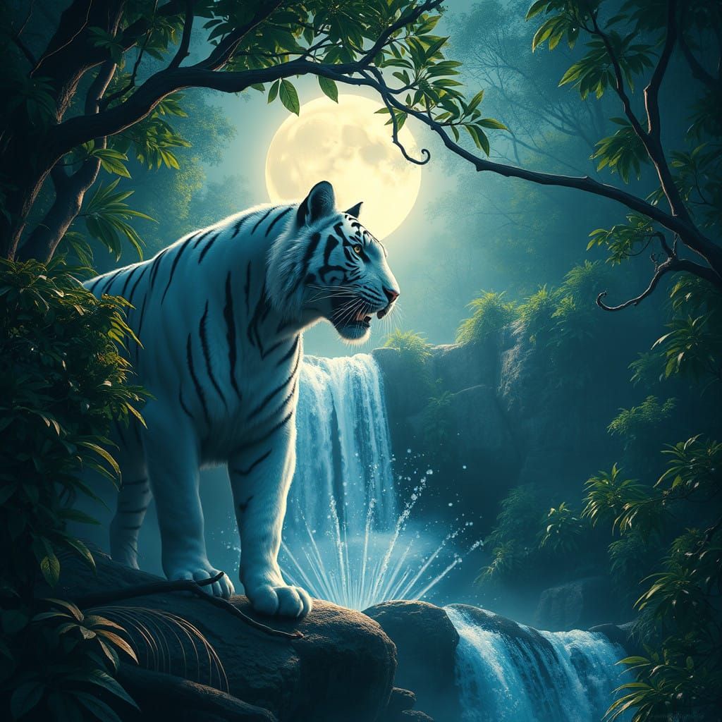 Moonlit White Tiger in Tropical Forest