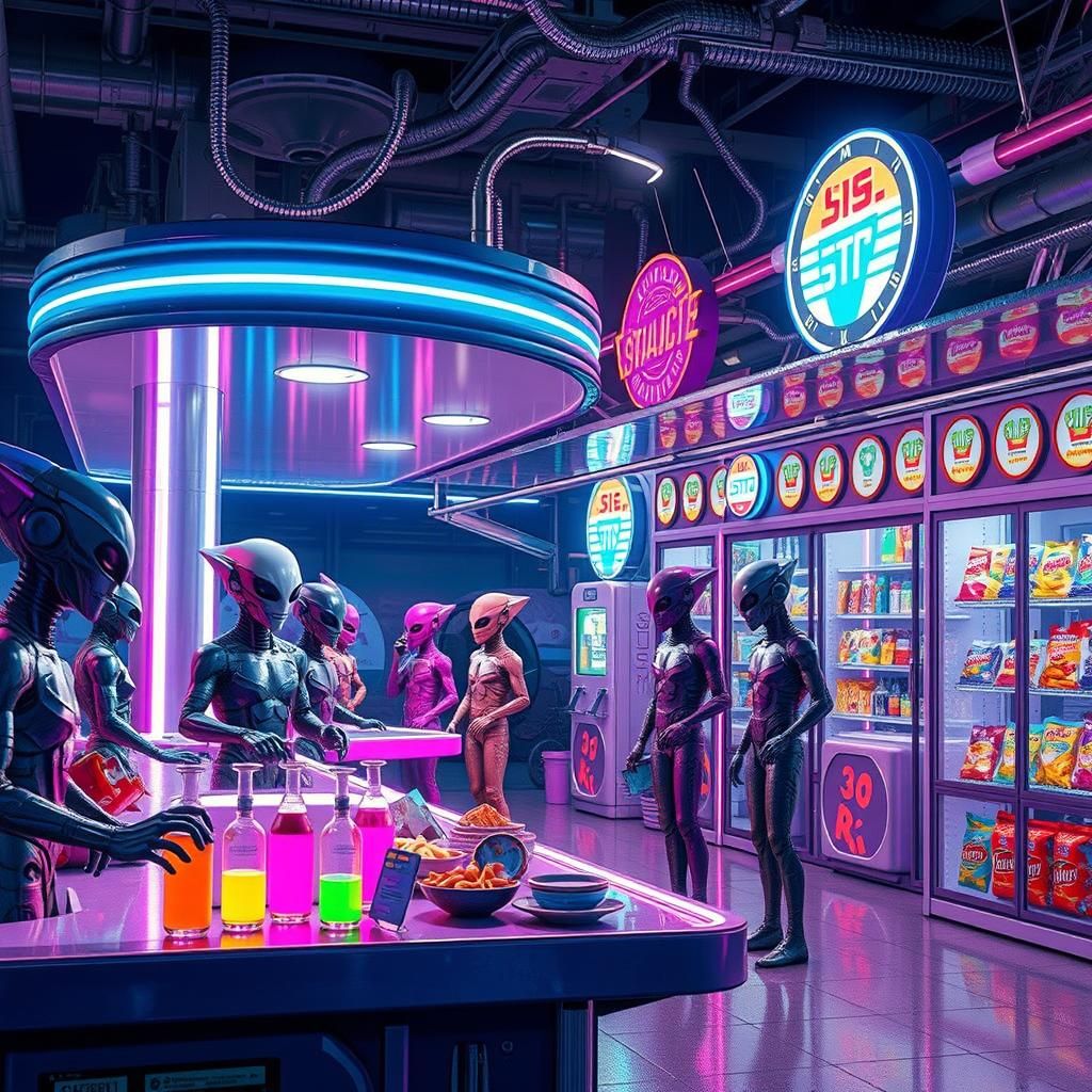 Retro-Futuristic Gas Station for Aliens in Neon Style