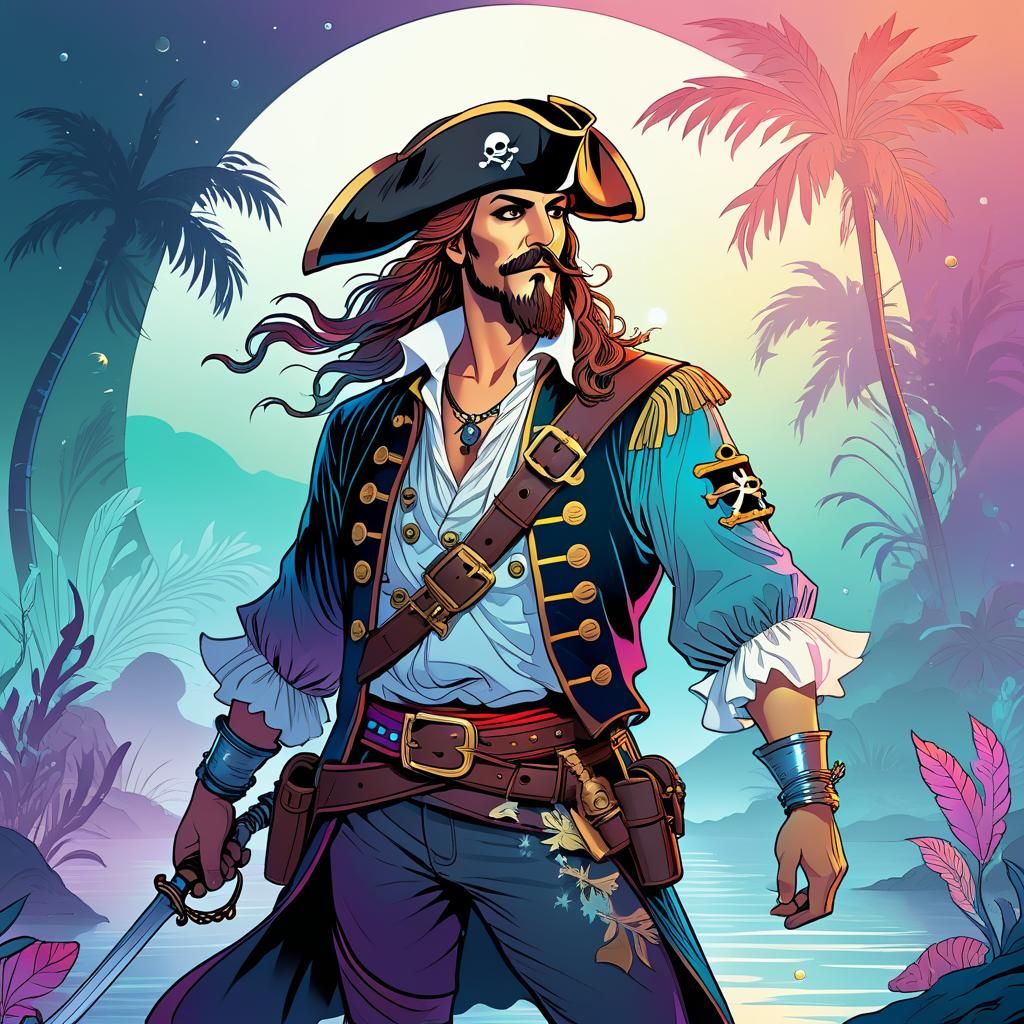 Pirate with Metal Arm in Misty Line Art