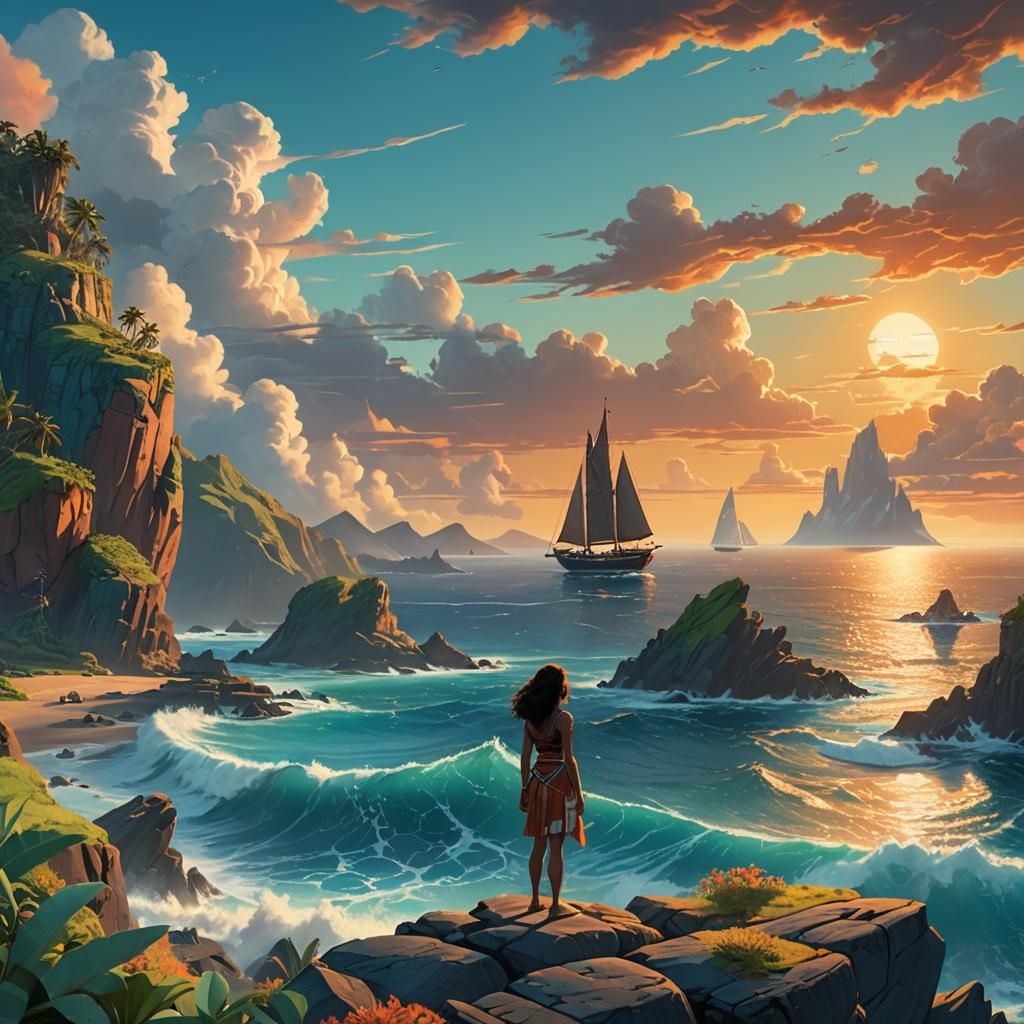 Moana Overlooking the Ocean in Fantasy Art Style