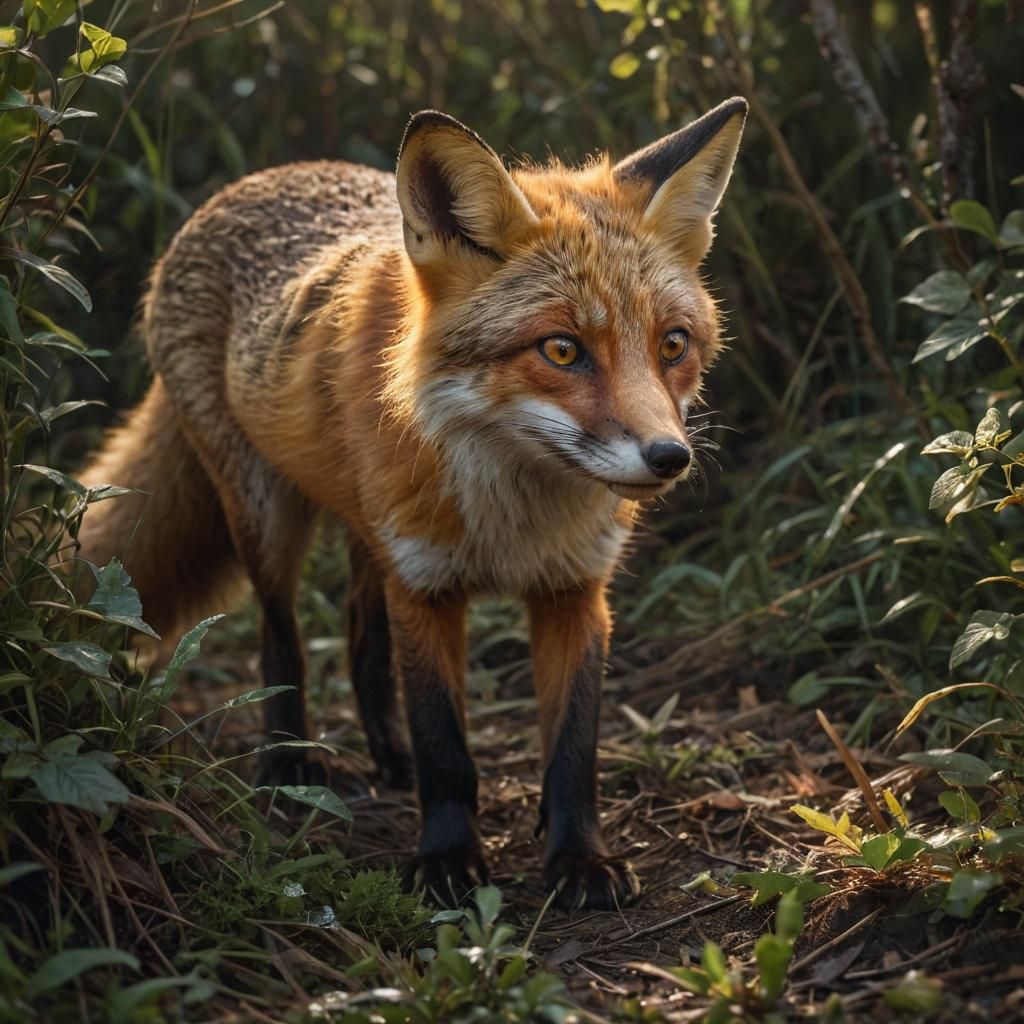 Hyperrealistic Red Fox Hunting Mouse, Detailed Painting