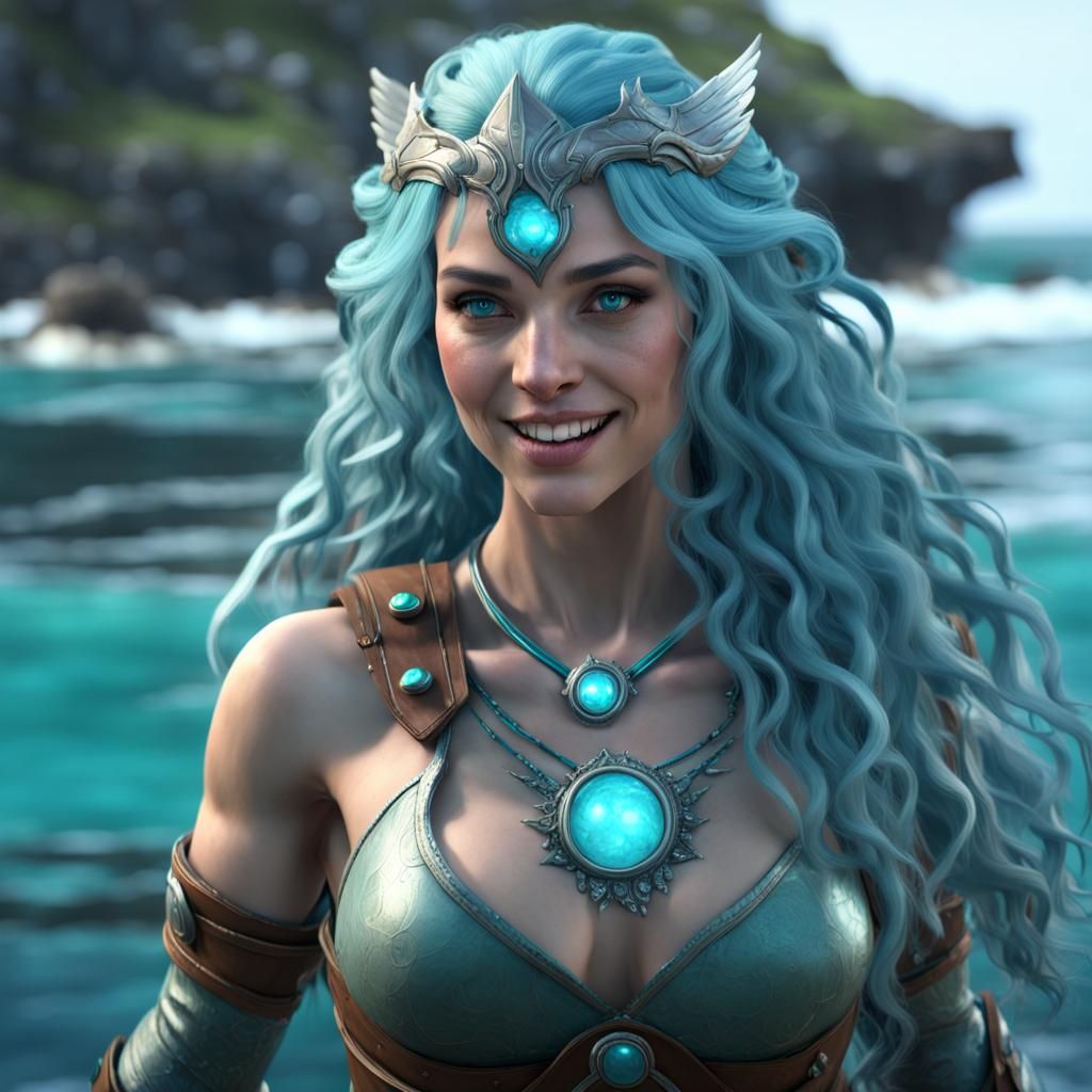 Happy Water Genasi Druid on Rocky Shore