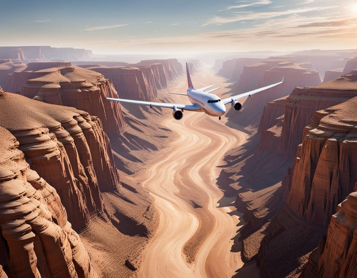 Airplane Glides Through a Desert Canyon