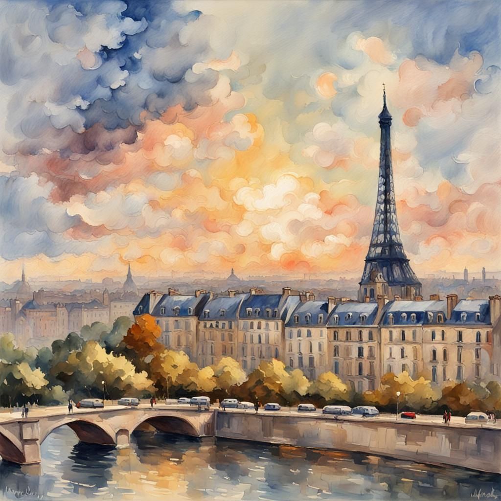 Paris Sky in Gouache Watercolor Style