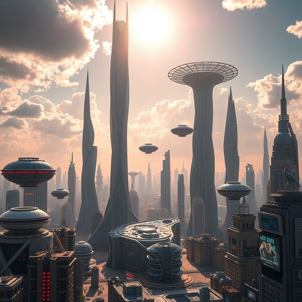 Surreal Futuristic Cityscape Under Brilliant Sky