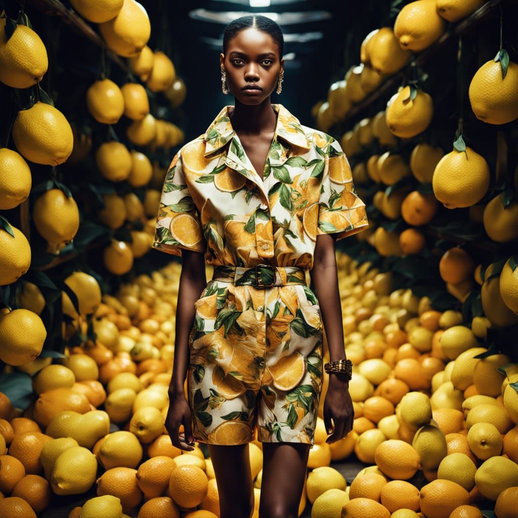Runway Models Walk Amidst Vibrant Lemon Dreamscape