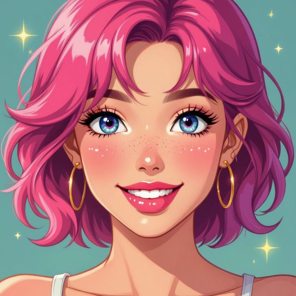 80s Anime Portrait: Purple Hair, Pink Lips, Freckles