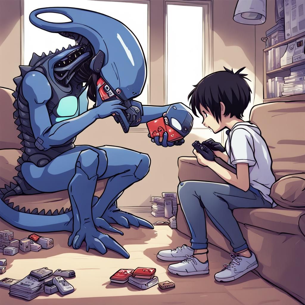 Xenomorph and Stitch Playing Games in Anime Style