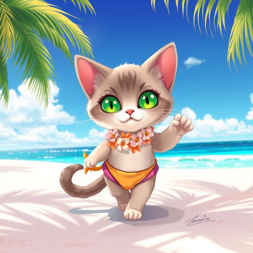 Kawaii Siamese Cat Dancing on Tropical Beach
