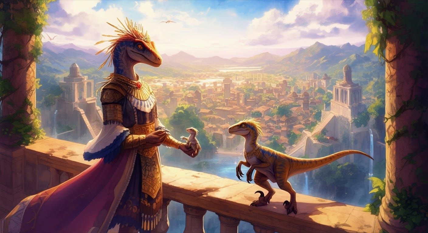 Anime Raptors on Balcony in Aztec Cityscape