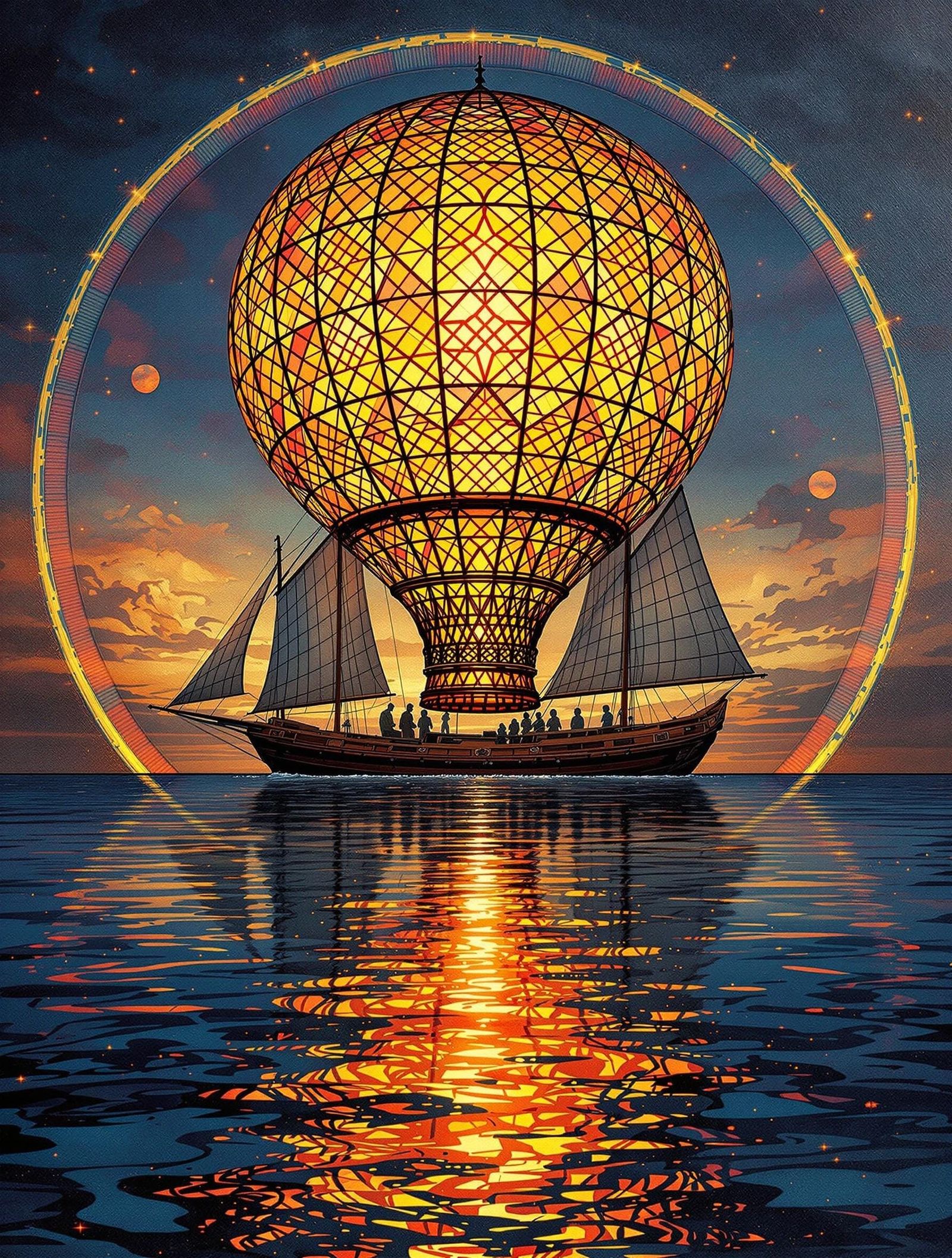 Yawl on Glassy Sea as Impasto Art Nouveau Stained Glass