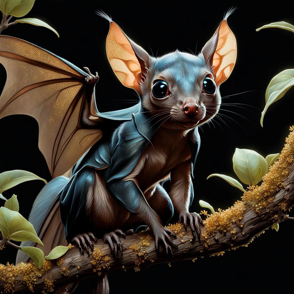 Bioluminescent Bat-Squirrel Double Exposure: Detailed Art