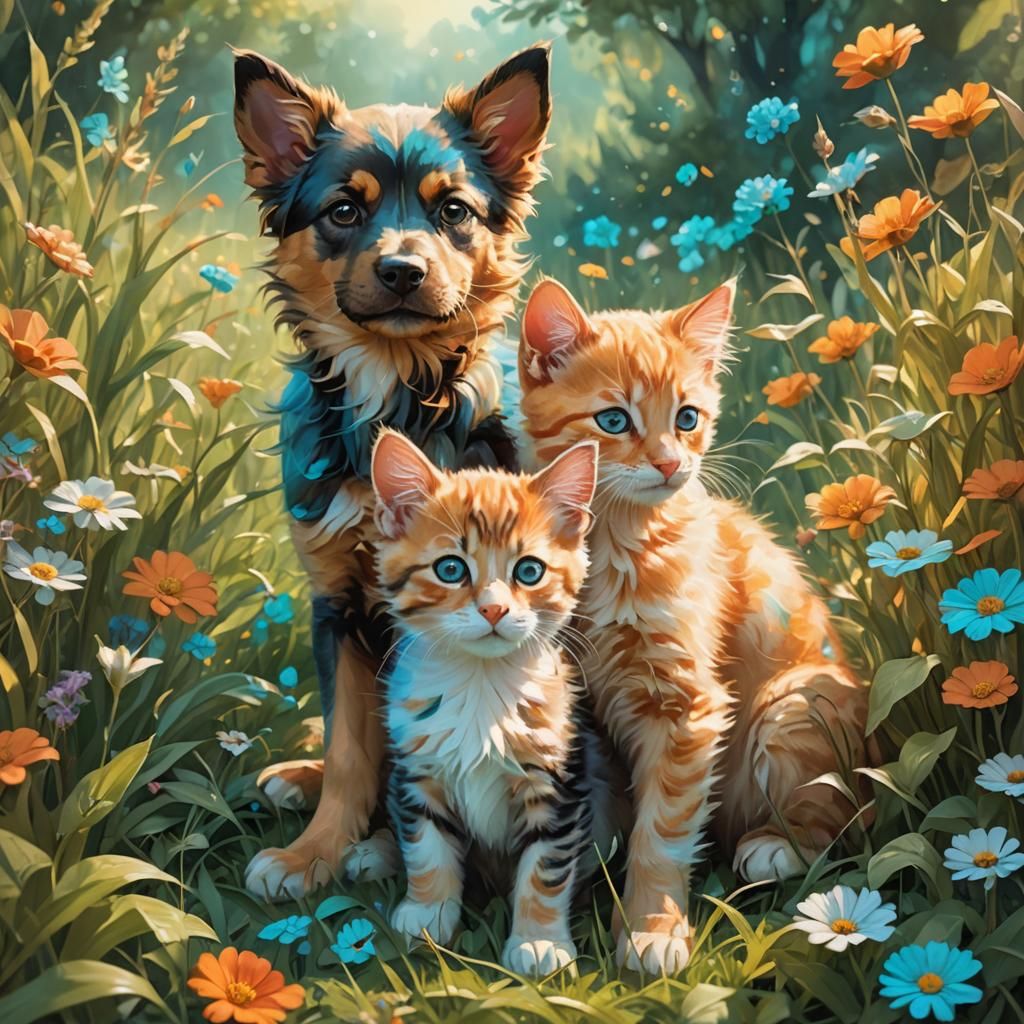 Puppy and Kitten in Lush Meadow: Whimsical Concept Art