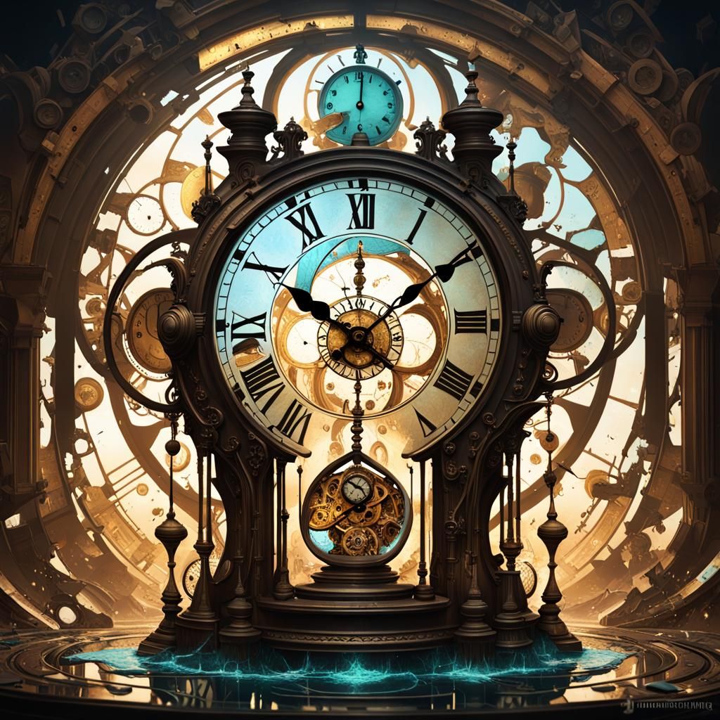 “Abstract illustrations featuring representations of time with a flowing hourglasses, shattered and distorted clock face...