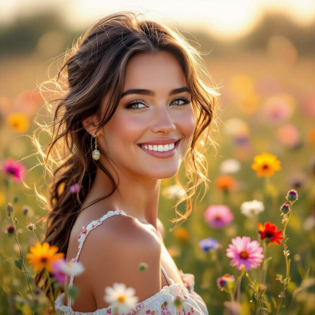 Woman Smiling in Sunlit Wildflower Field - Impressionistic S...