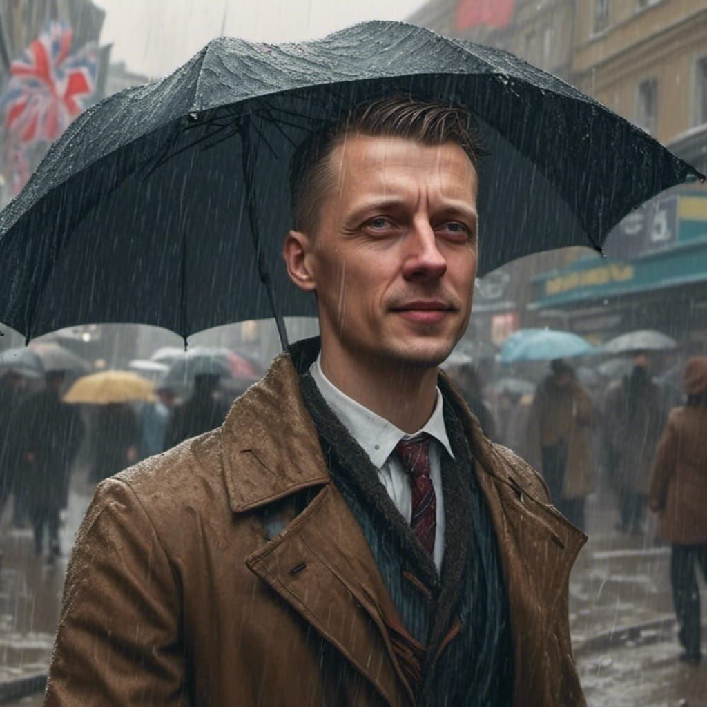 Man with Umbrella in Hyperdetailed Portrait