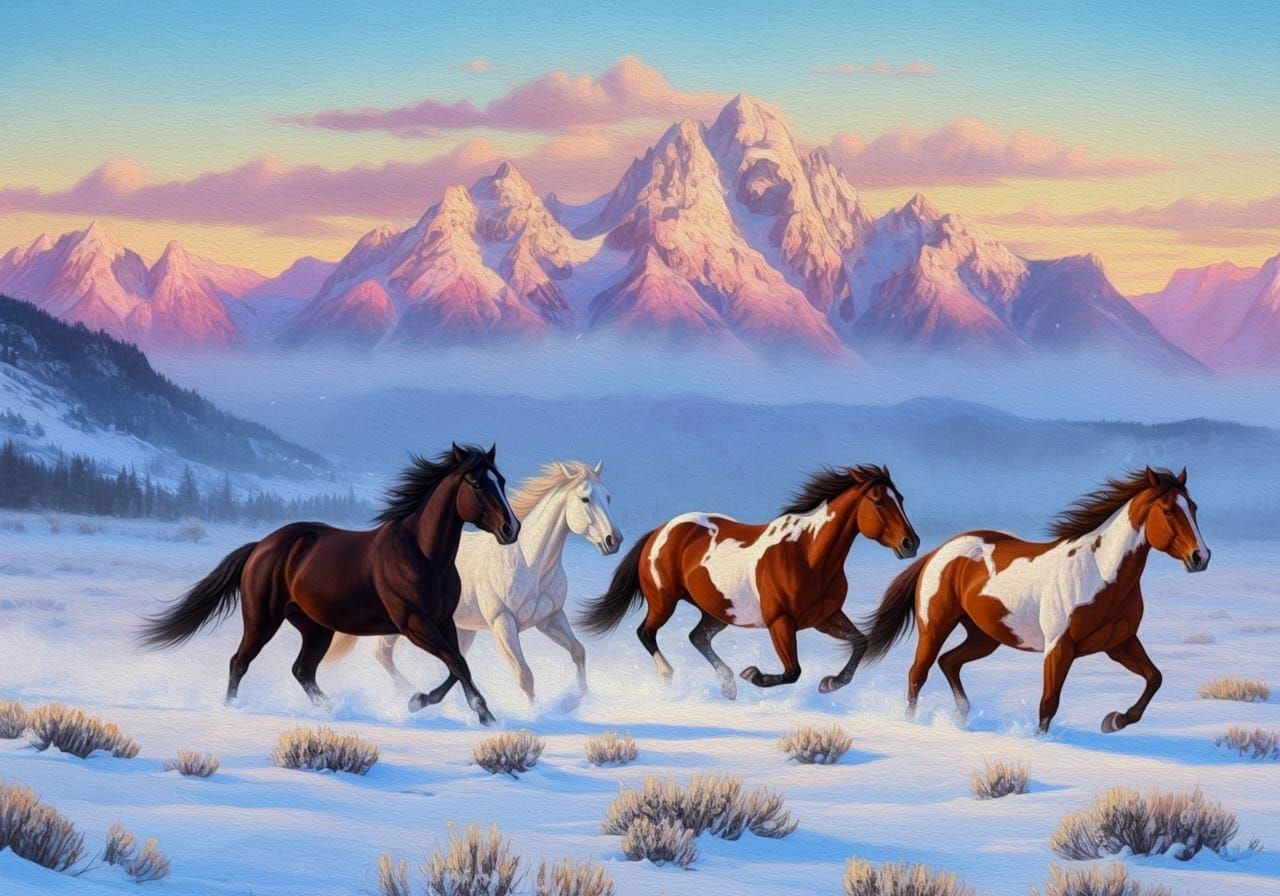 Wild Horses Running in the Snow