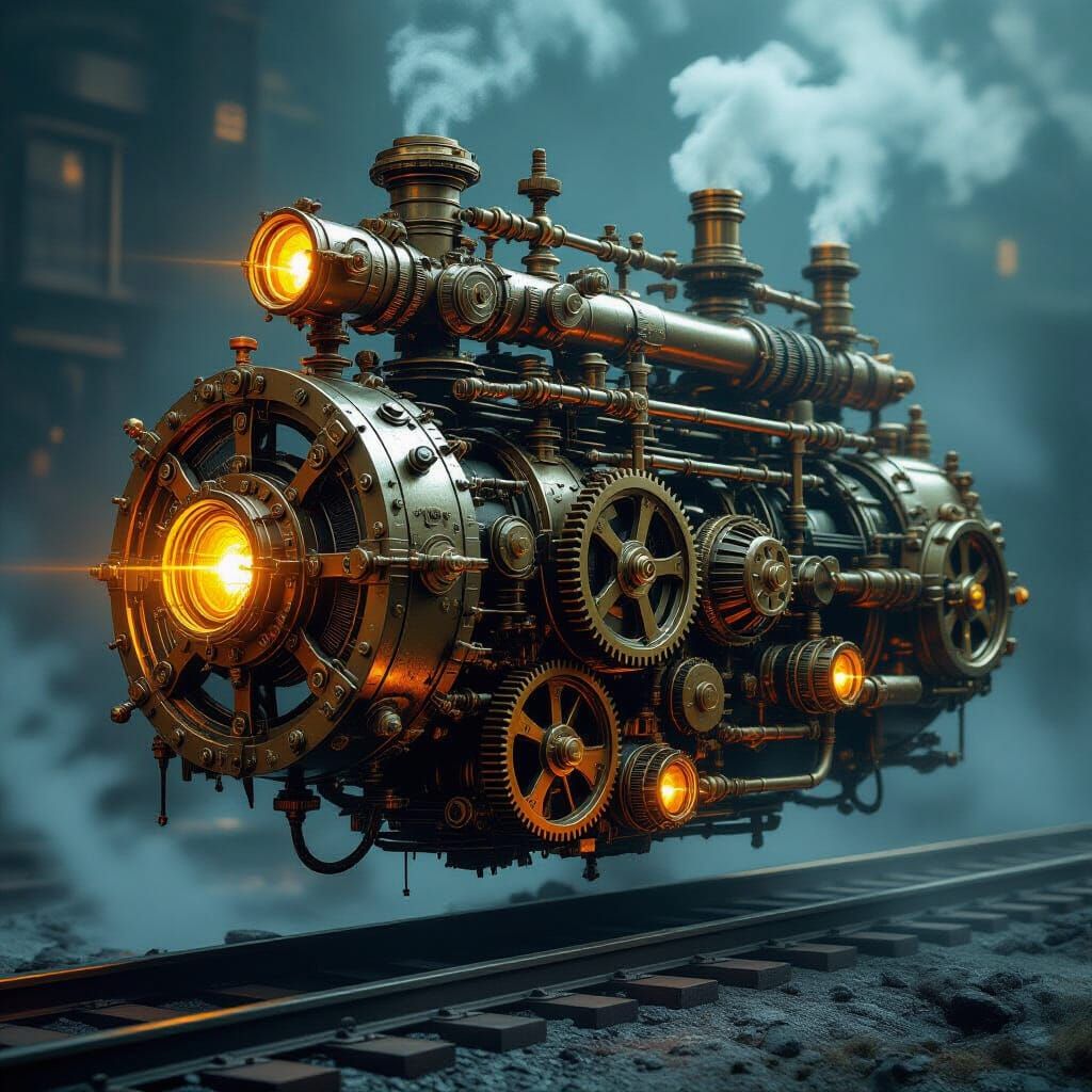 Steampunk Engine as Organic Clockwork Oil Painting