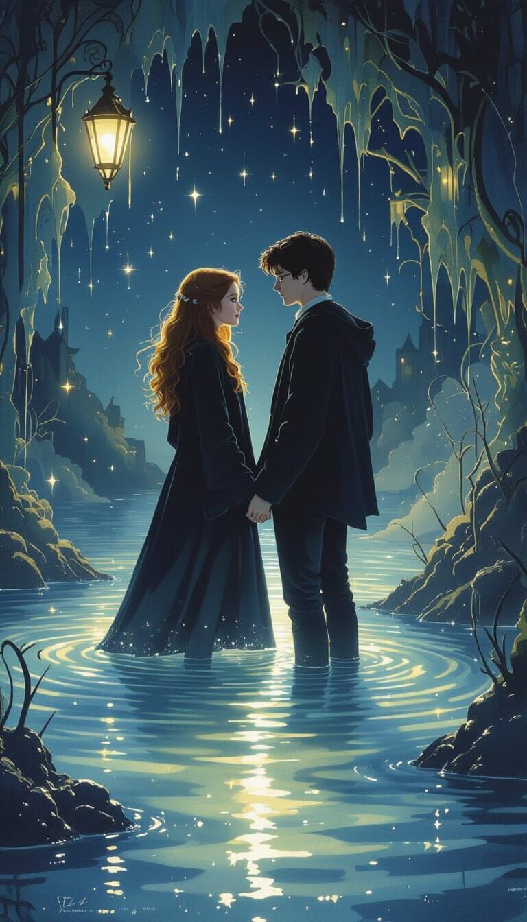 Ginny and Harry in Dreamy Waterscape as Surrealist Oil Paint...