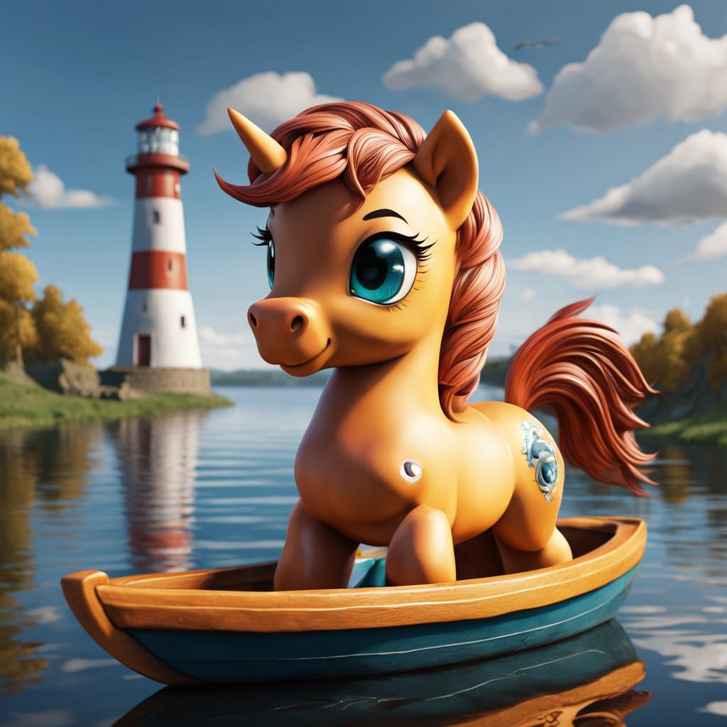 Anthropomorphic Chibi Pony on Lake in Hyperrealistic Style