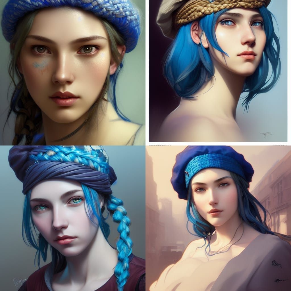 Blue-Haired Girl Portrait in Art Nouveau Style