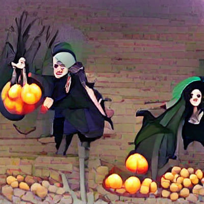 Halloween Ghoul and Witch with Pumpkins