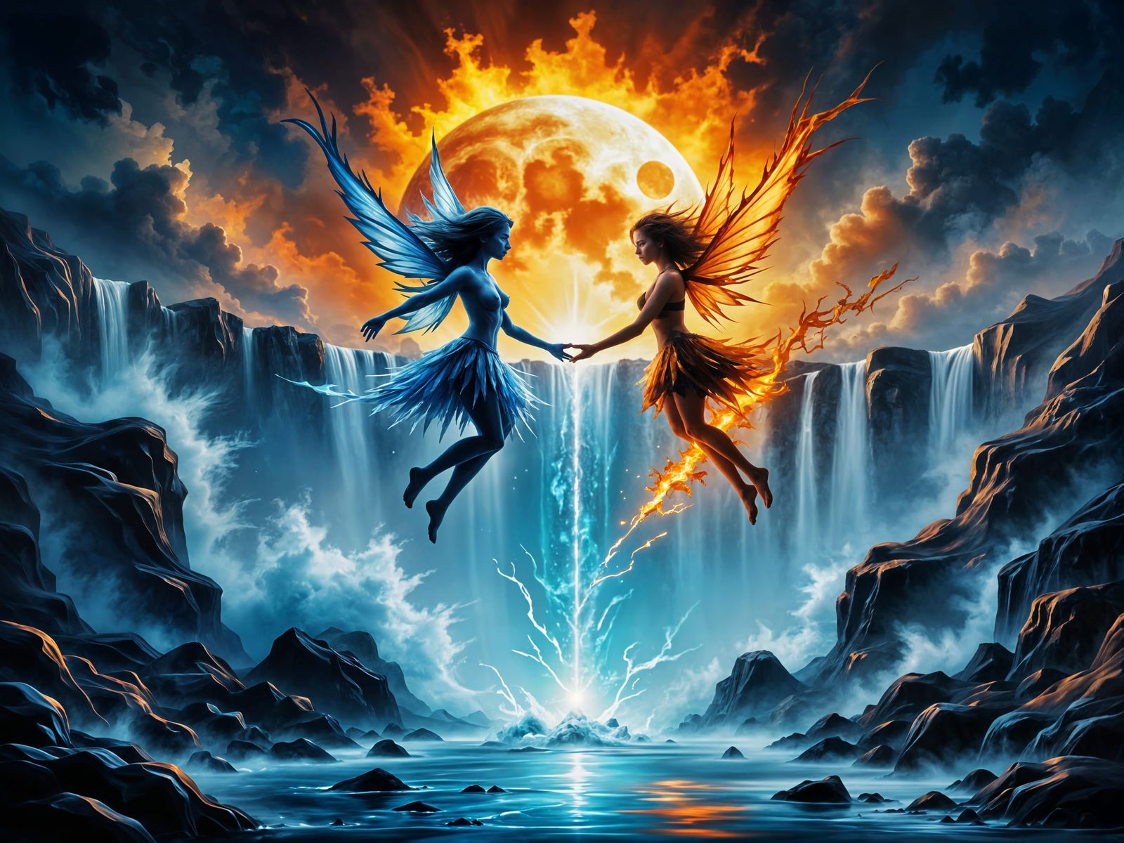 Cosmic Balance of Fire and Ice in Dreamlike Double Exposure