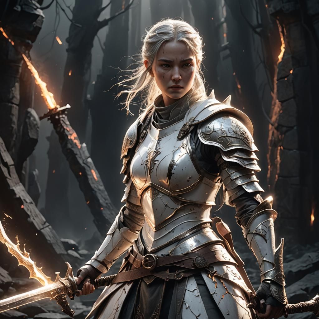 Woman Warrior in White Armor: Dark Fantasy Anime Art