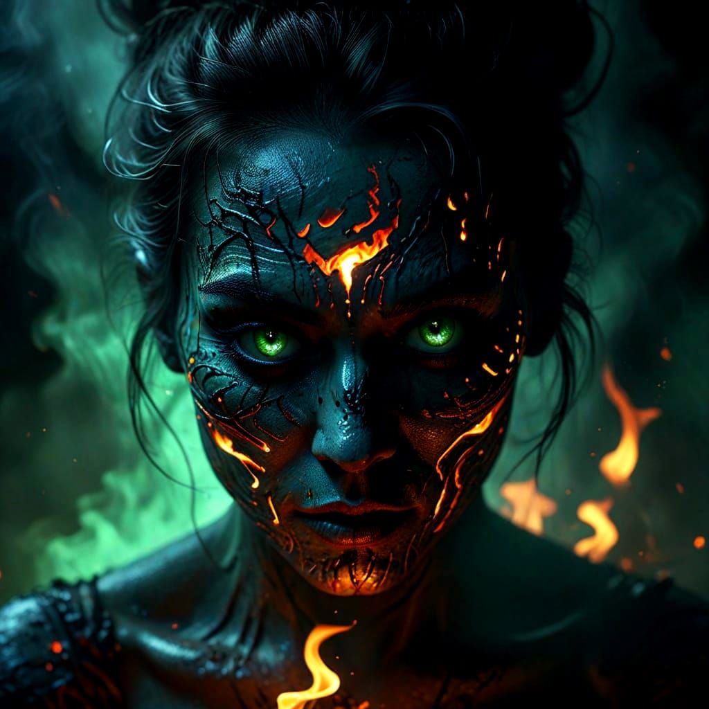 Surreal Demon's Ominous Gaze in Smoky Atmosphere