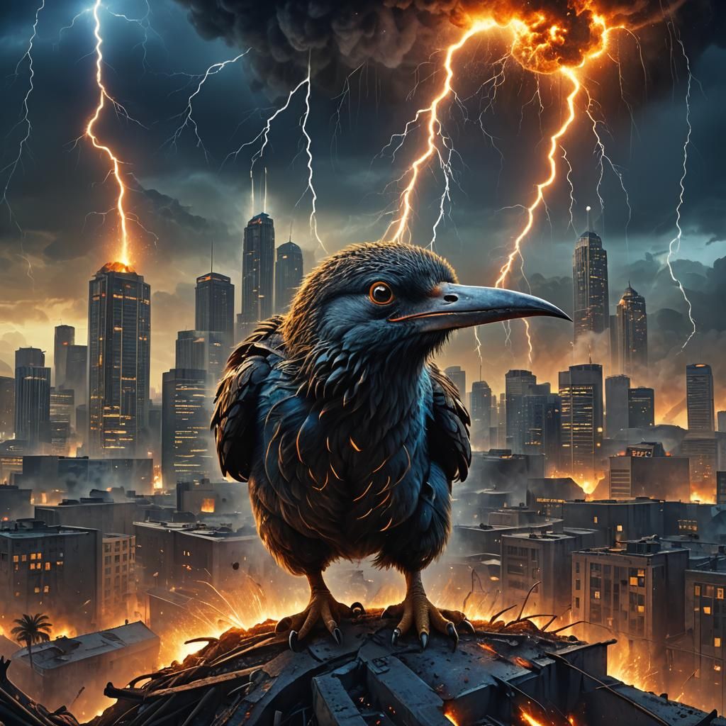 Giant Kiwi Lasers in Burning City, Fantasy Art