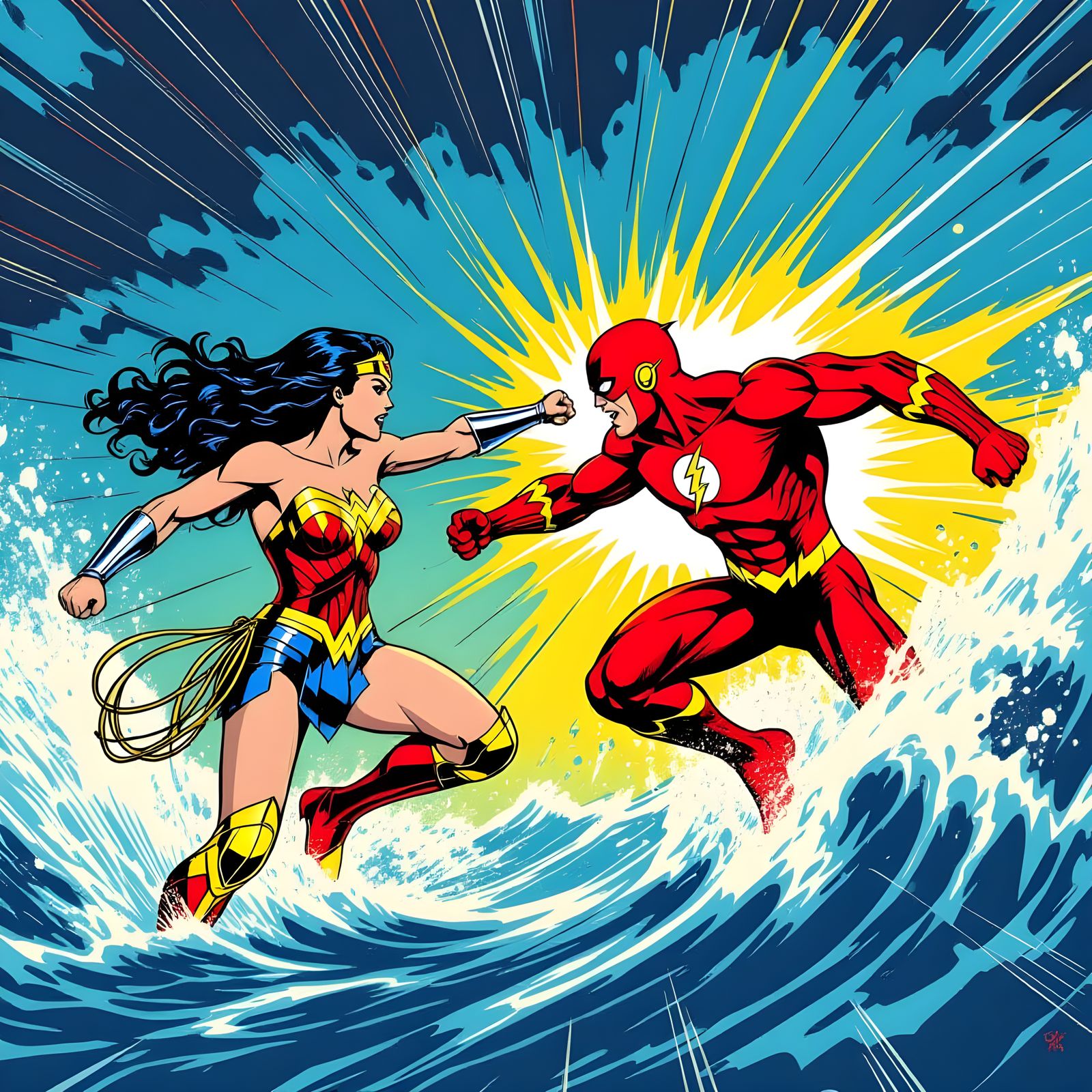 Wonder Woman Fights Flash Over Ocean In Retro Comic Style