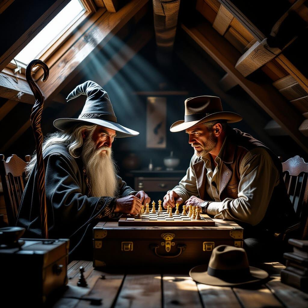 Gandalf and Indiana Jones Play Chess in Attic