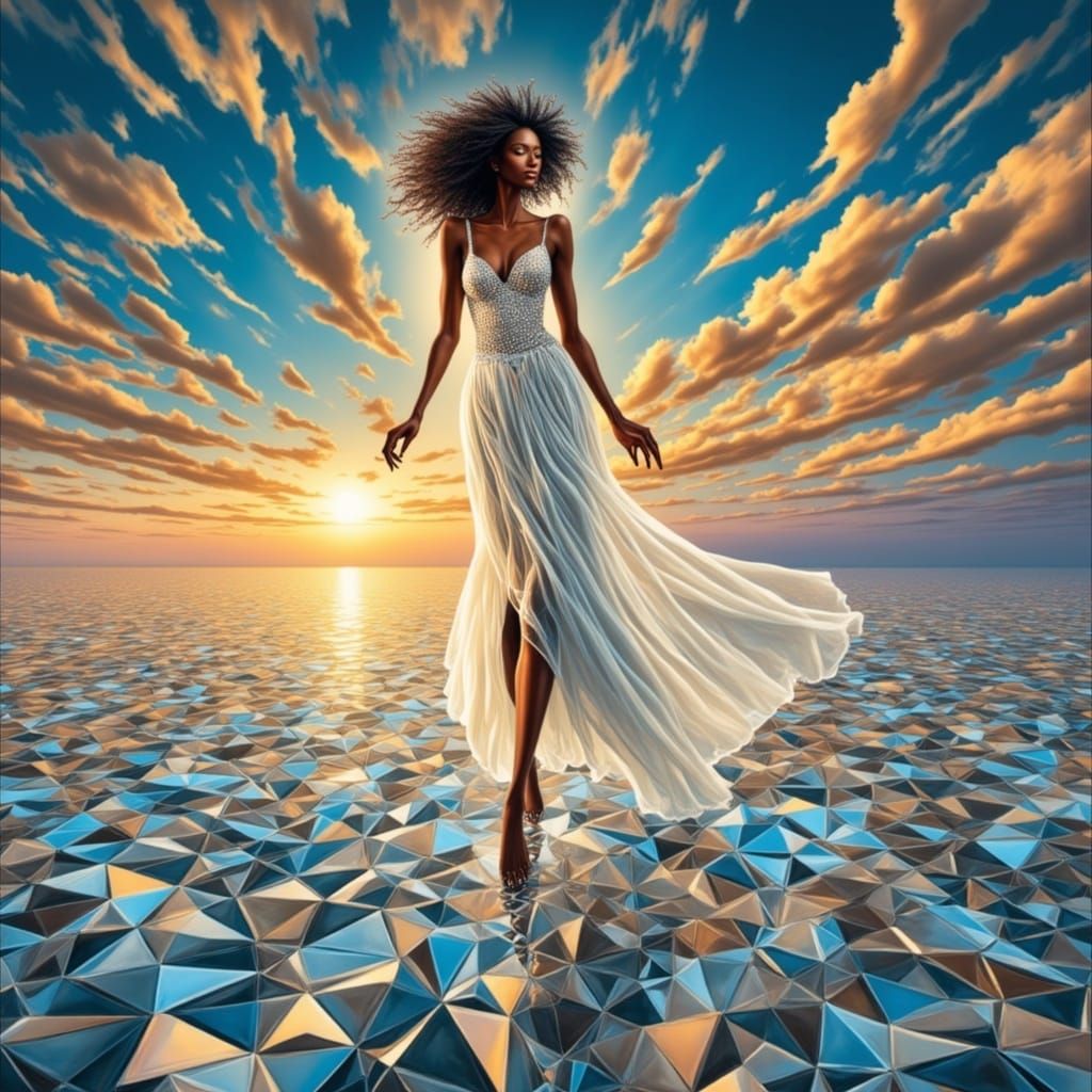 Light Being Walking on Water in Digital Art Style