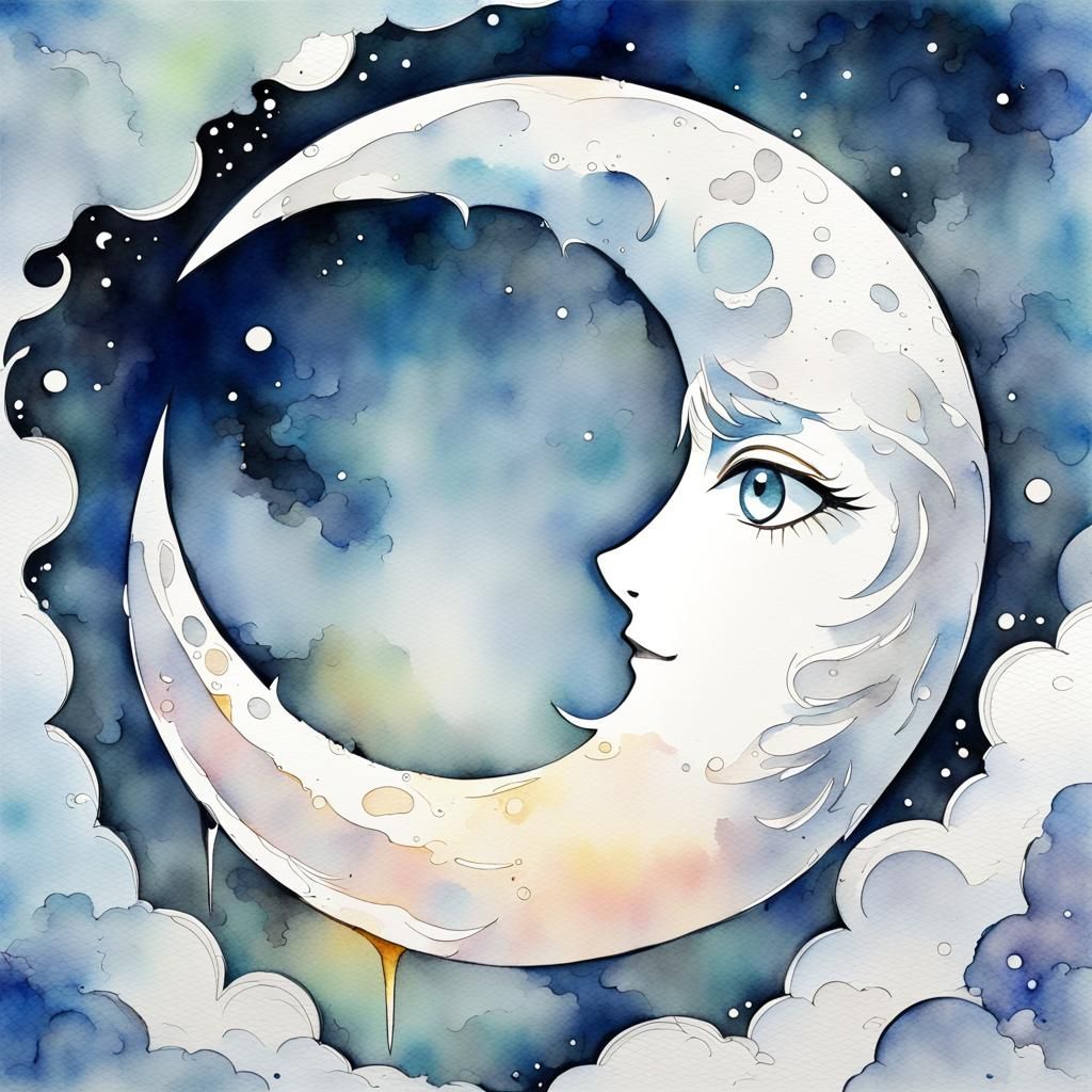 Anime Watercolor of a Shining White Moon