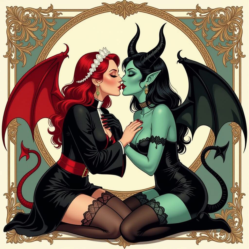 Priestess and Demon Embrace: A Forbidden Kiss