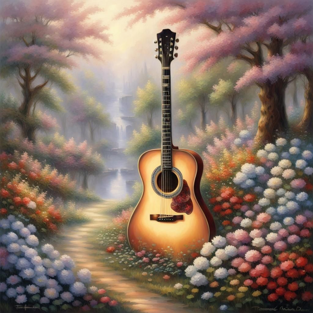 Floral Guitar in Ethereal Fantasy Landscape