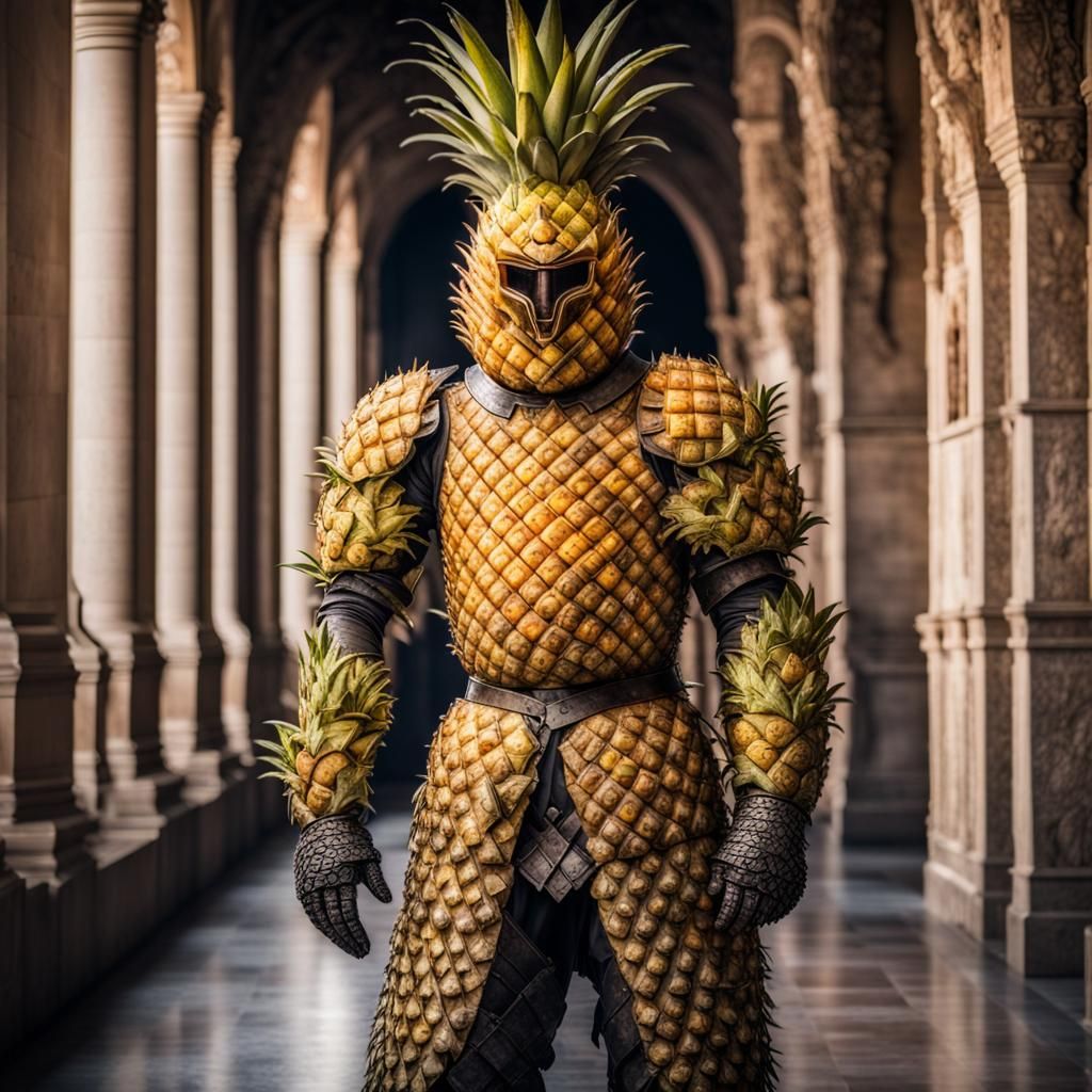 Man in Pineapple Armor: Hyperrealistic Medieval Warrior
