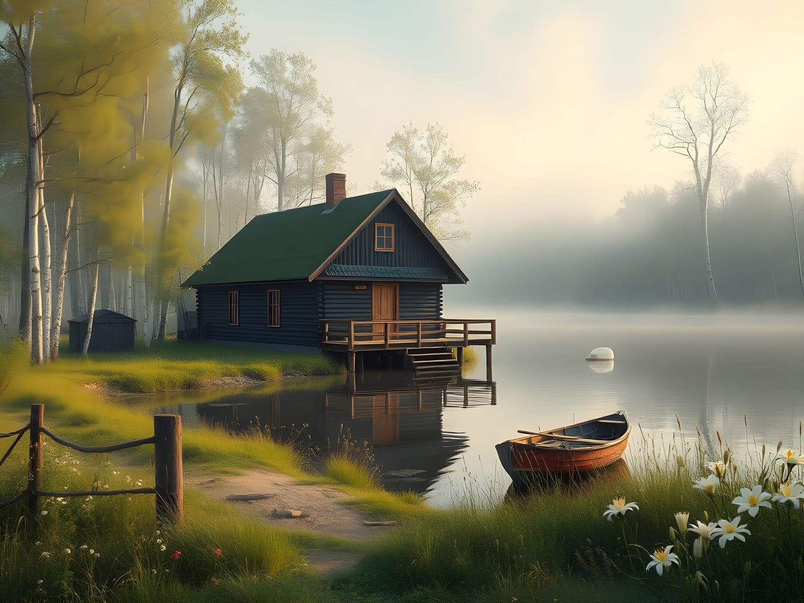 Peaceful Backwater Scene with Reeds and Boat