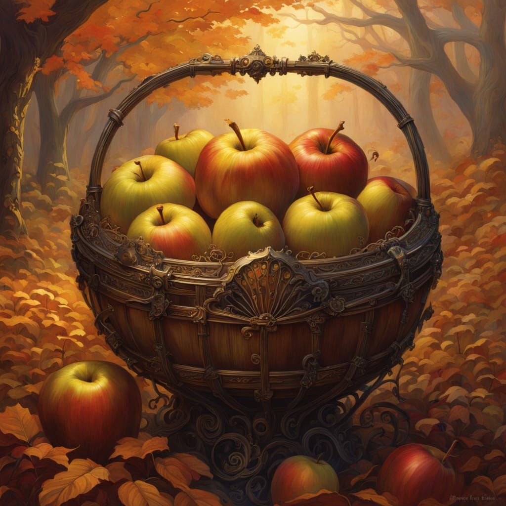 Steampunk Wooden Basket with Vibrant Autumn Apples