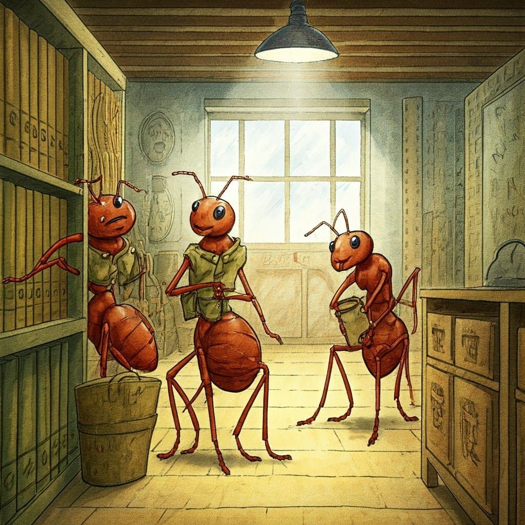 Whimsical Watercolour Illustration of Ants in Military Attir...
