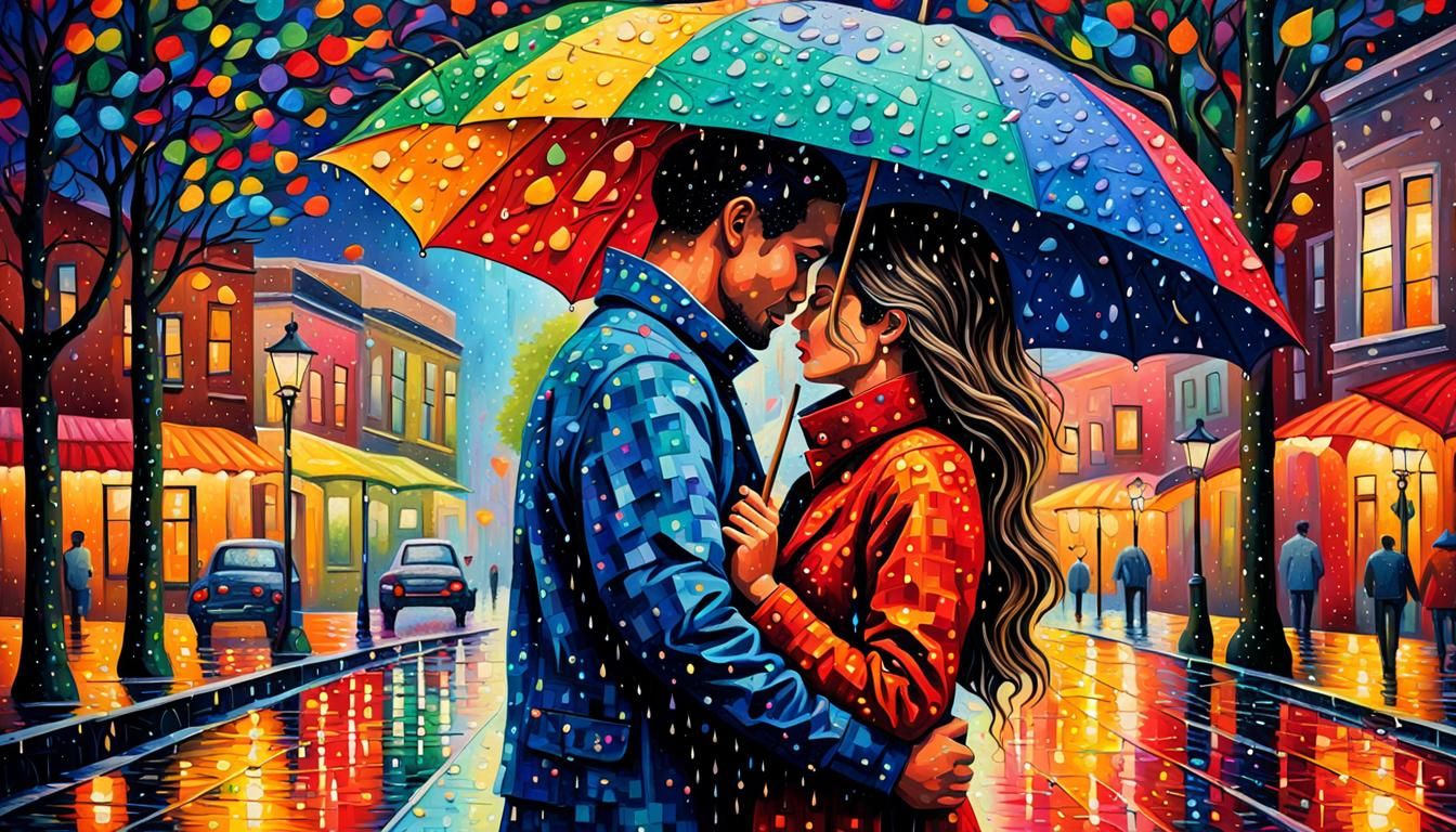 Lovers Embraced: A Pointillist Dreamscape Under Rain