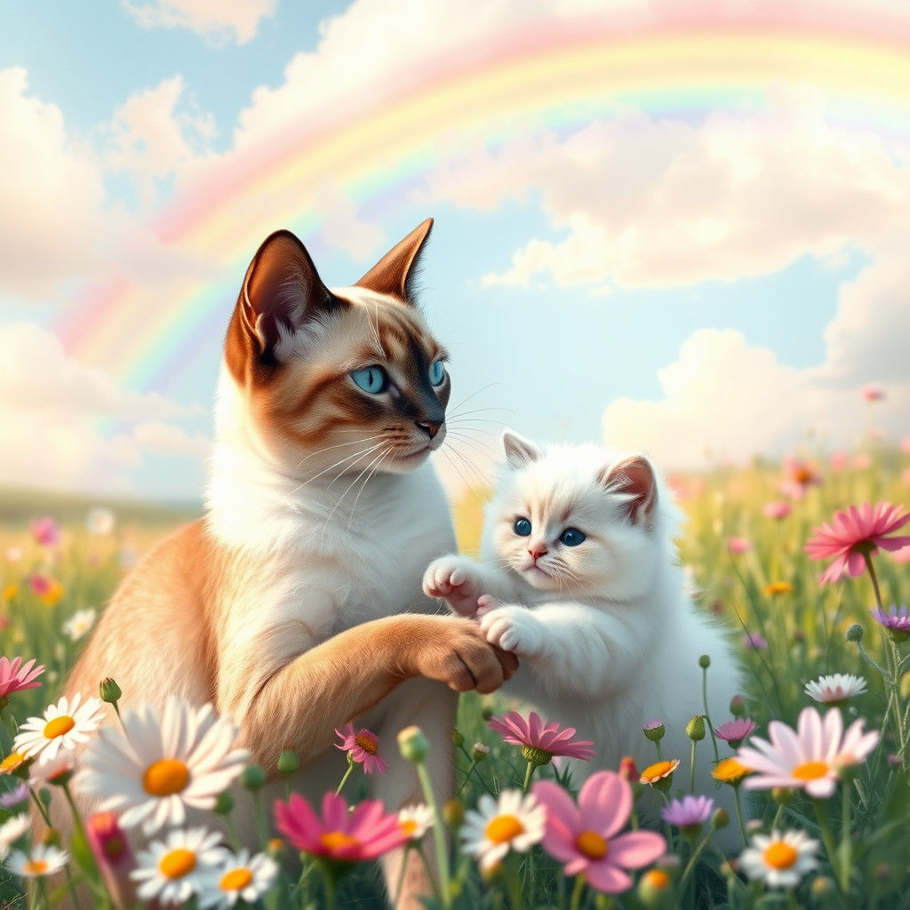 Siamese Cat and Persian Kitten in Floral Meadow