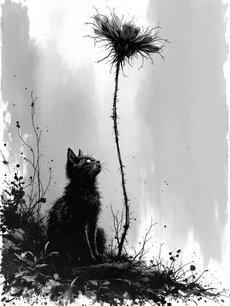 Post-Apocalyptic Cat Under Flower, Monochromatic Ink Wash St...