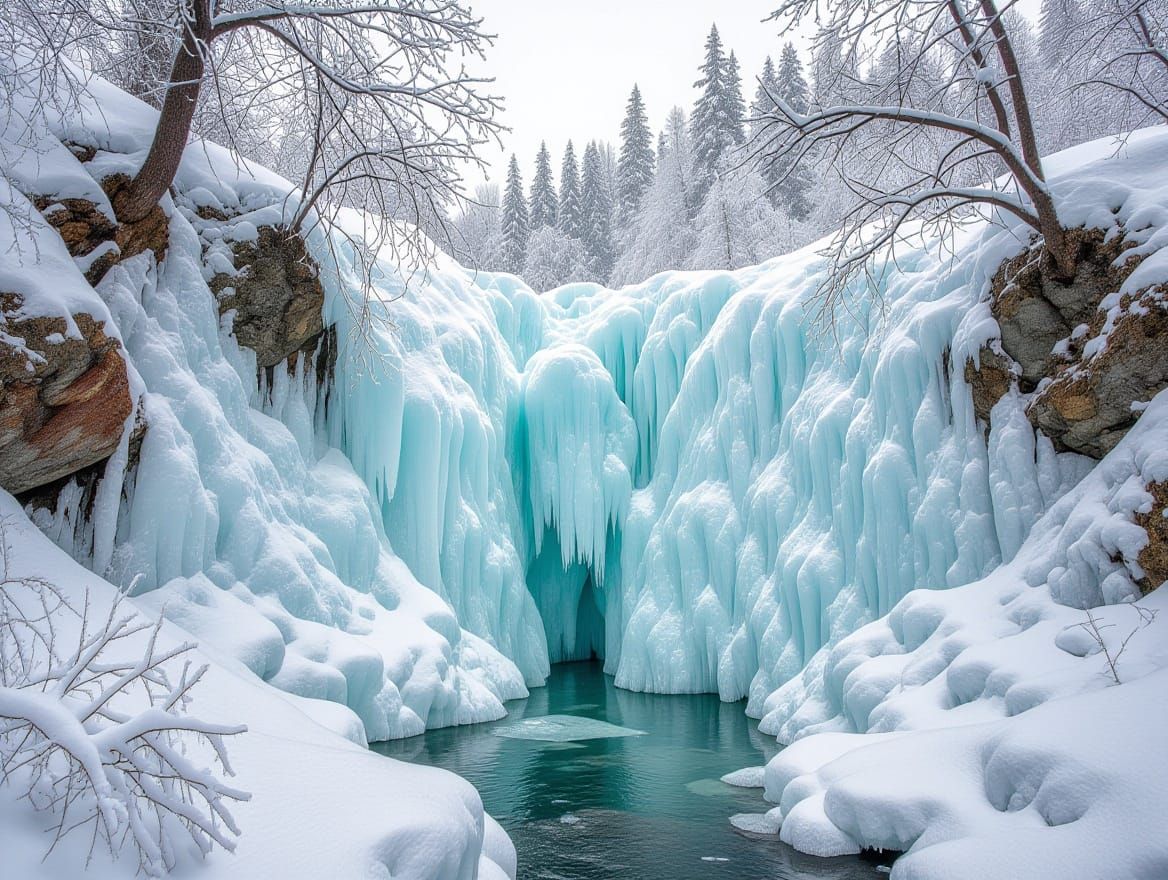 Ethereal Frozen Waterfall in Winter