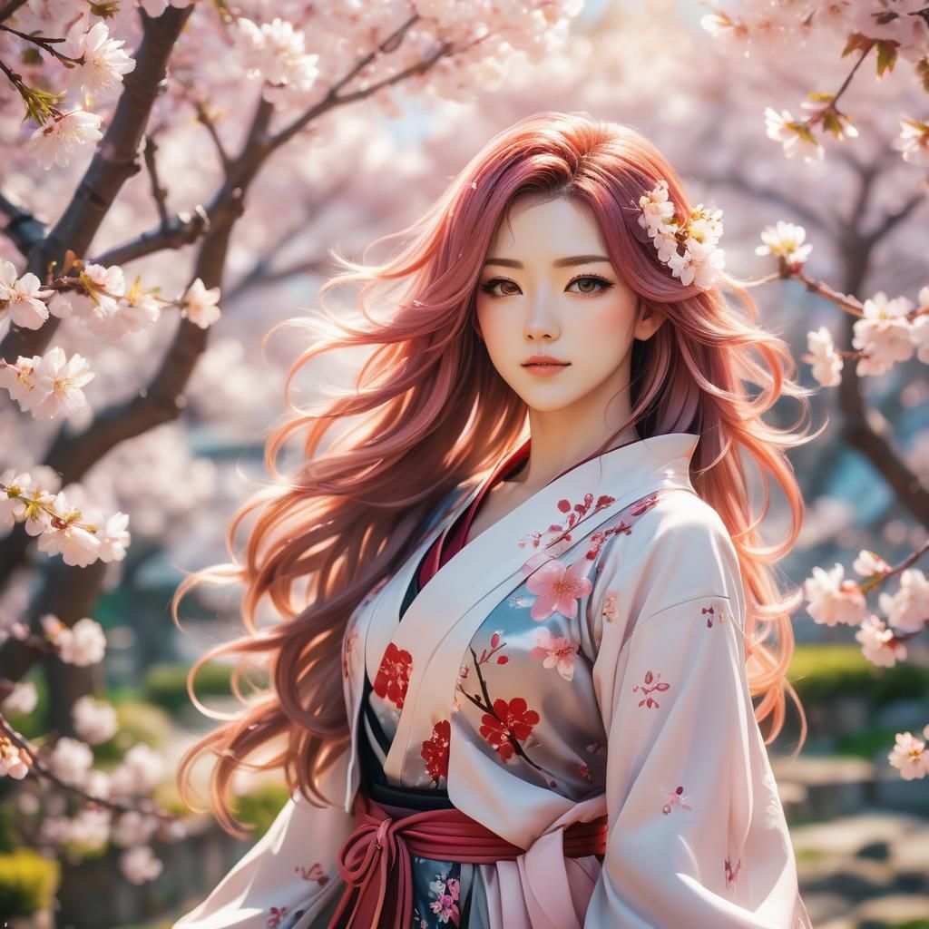 Anime Woman in Cherry Blossom Garden