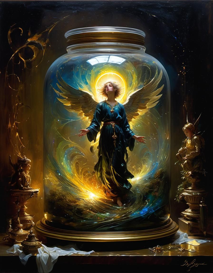 Angel Trapped in Jar: Chiaroscuro Oil Painting